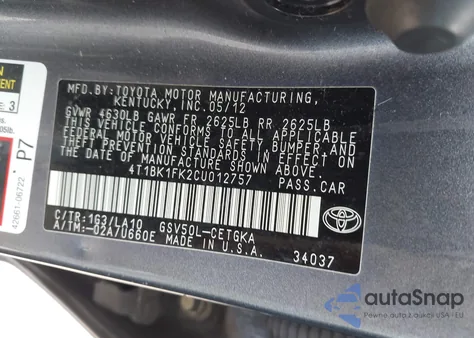 2012 Toyota Camry Xle V6 из США, поврежденный, VIN 4T1BK1FK2CU012757